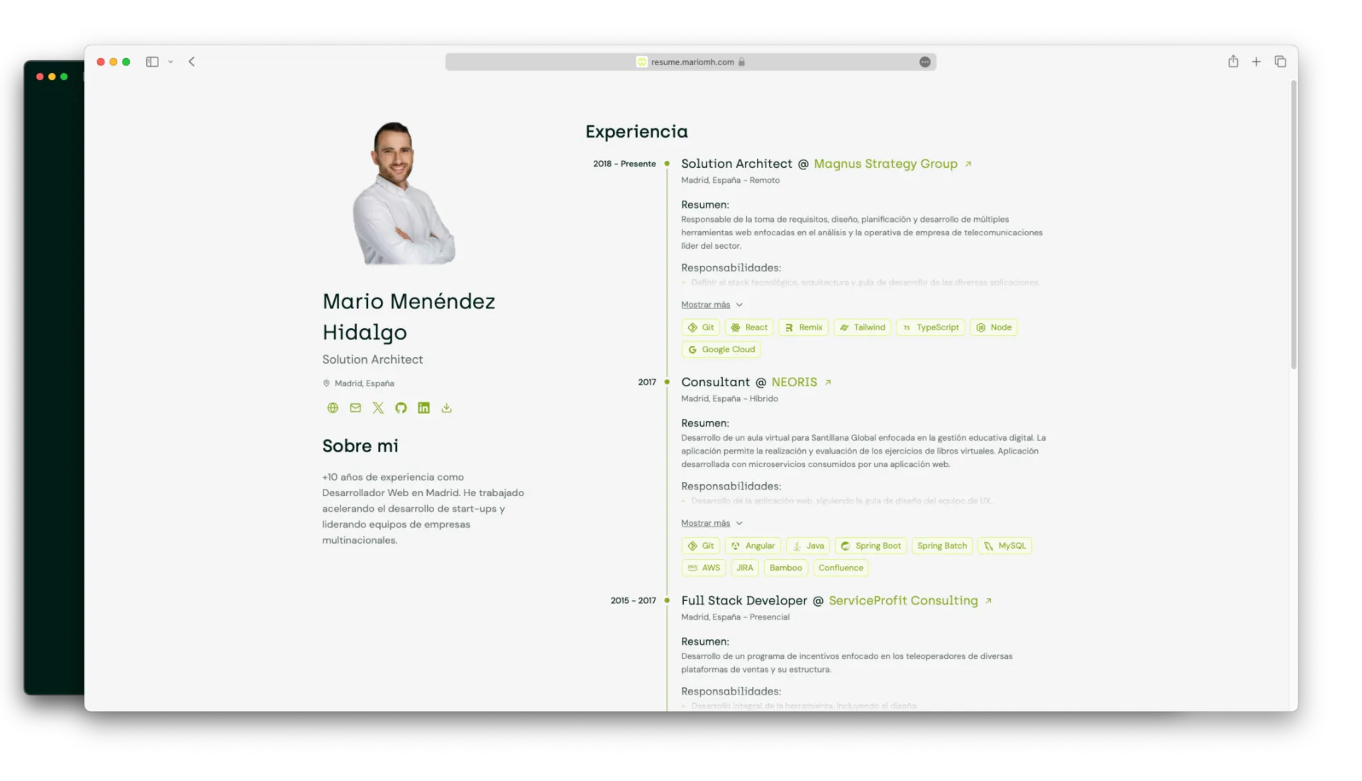 Imagen de la landing page de mi currículum vitae en línea.